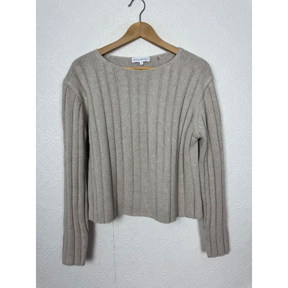 White + Warren Ribbed Cotton Linen Blend Sweater Beige Boat Neck Small